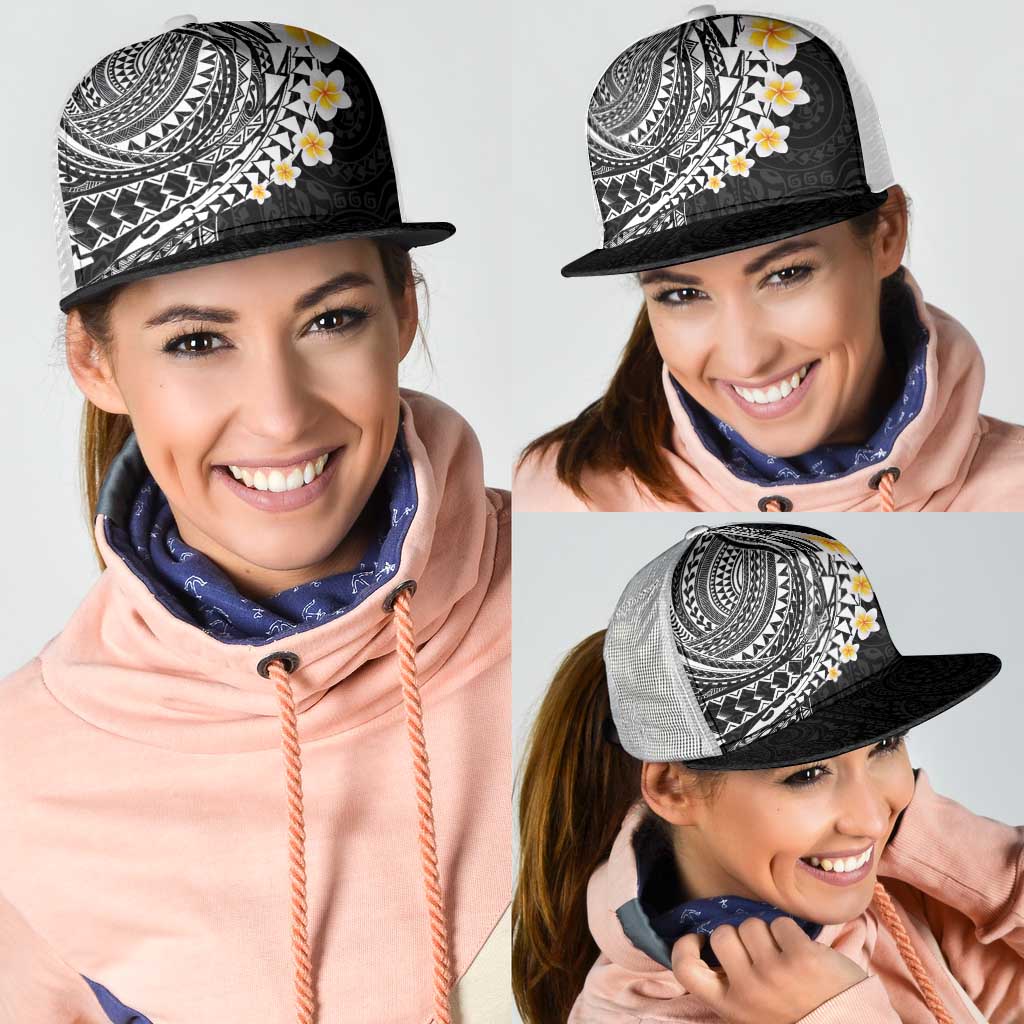 Hawaiian Tribal Tattoo and Plumeria Mesh Trucker Cap Polynesian Pattern Black Color