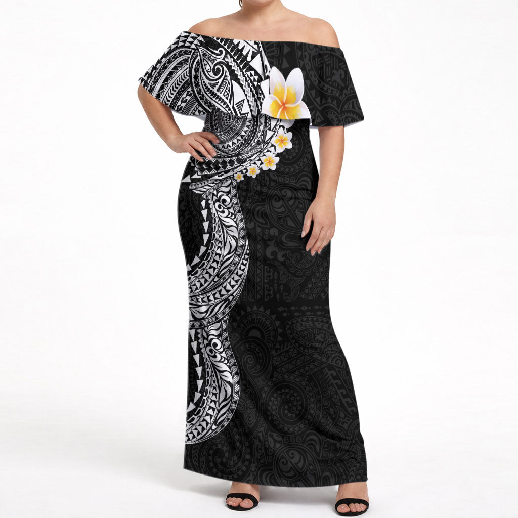 Hawaiian Tribal Tattoo and Plumeria Off Shoulder Maxi Dress Polynesian Pattern Black Color