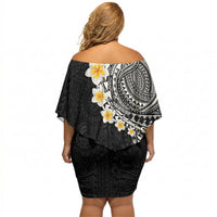 Hawaiian Tribal Tattoo and Plumeria Off Shoulder Short Dress Polynesian Pattern Black Color
