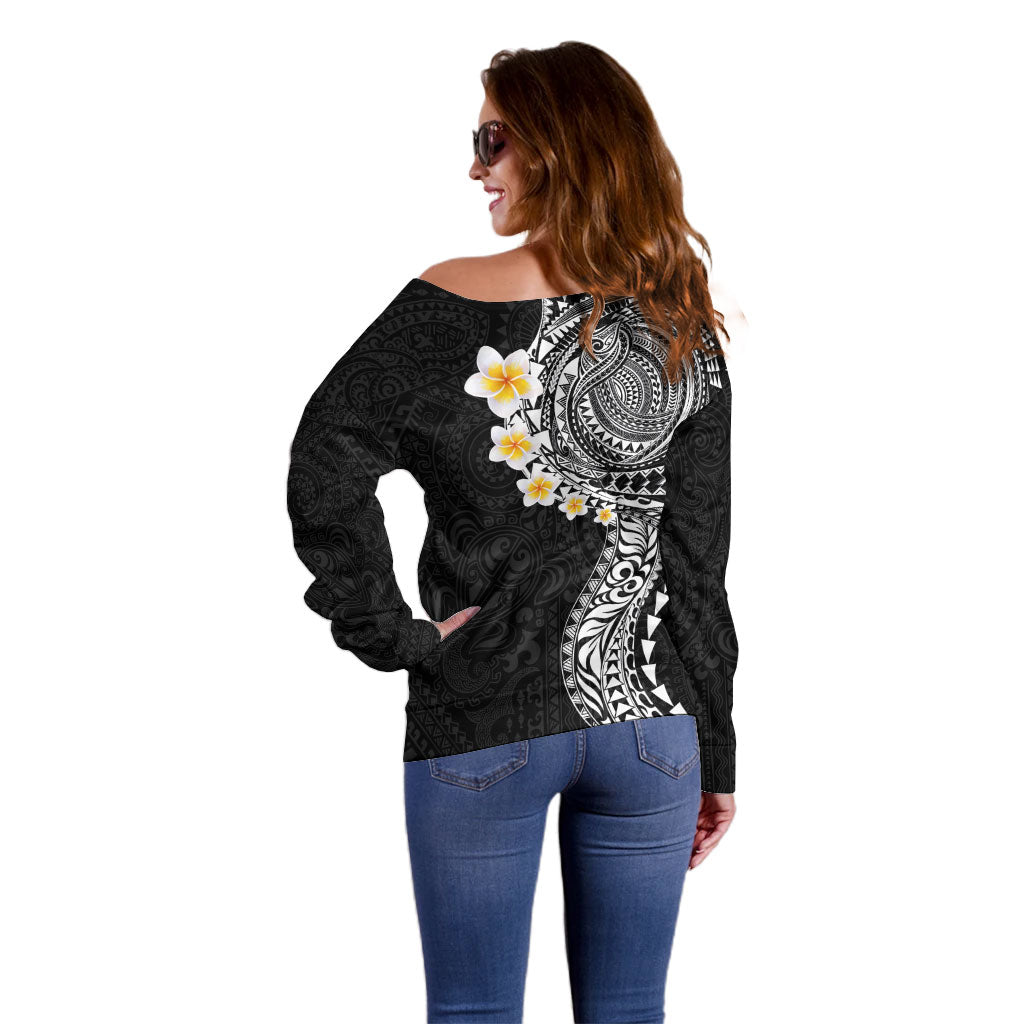 Hawaiian Tribal Tattoo and Plumeria Off Shoulder Sweater Polynesian Pattern Black Color