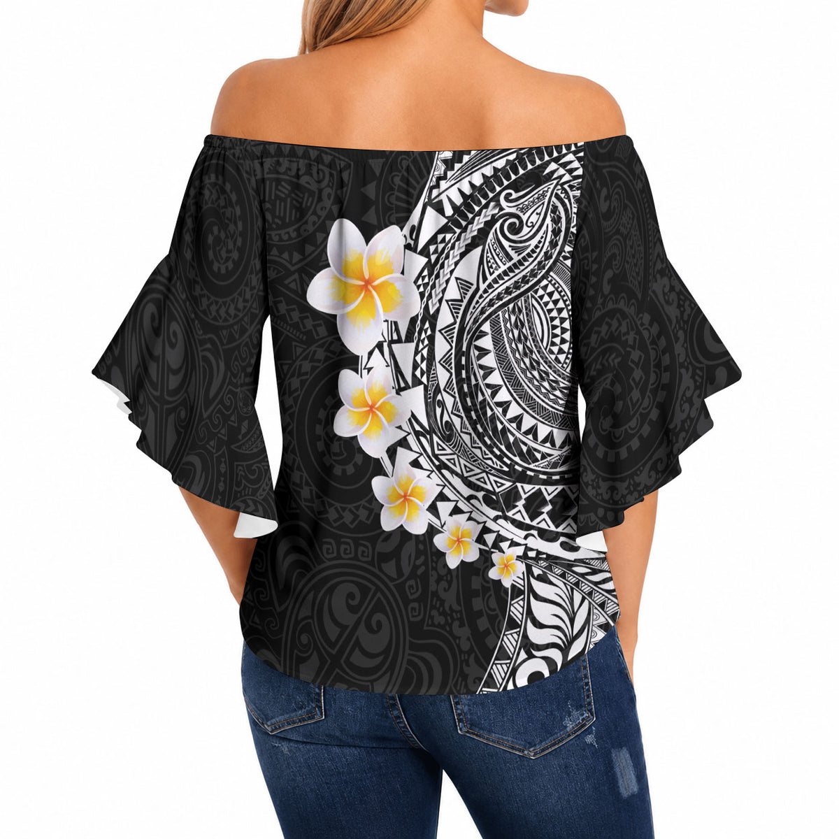Hawaiian Tribal Tattoo and Plumeria Off Shoulder Wrap Waist Top Polynesian Pattern Black Color
