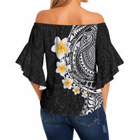 Hawaiian Tribal Tattoo and Plumeria Off Shoulder Wrap Waist Top Polynesian Pattern Black Color