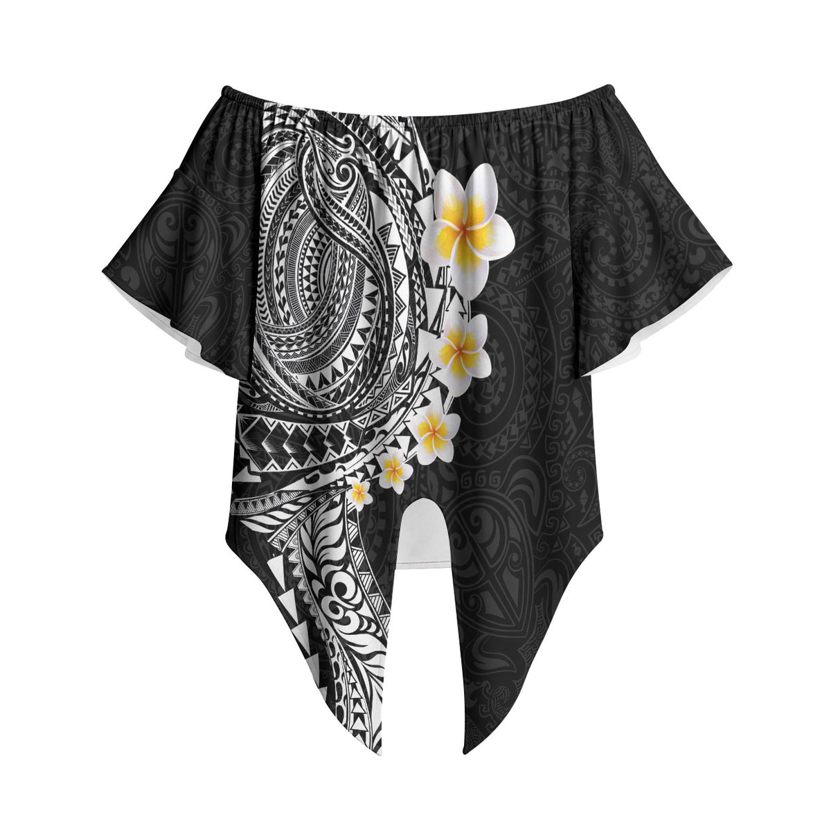 Hawaiian Tribal Tattoo and Plumeria Off Shoulder Wrap Waist Top Polynesian Pattern Black Color