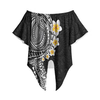 Hawaiian Tribal Tattoo and Plumeria Off Shoulder Wrap Waist Top Polynesian Pattern Black Color