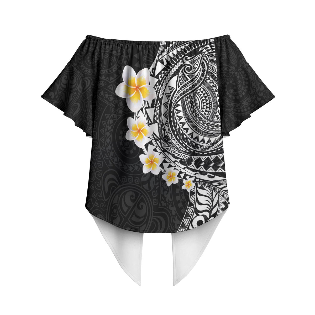 Hawaiian Tribal Tattoo and Plumeria Off Shoulder Wrap Waist Top Polynesian Pattern Black Color