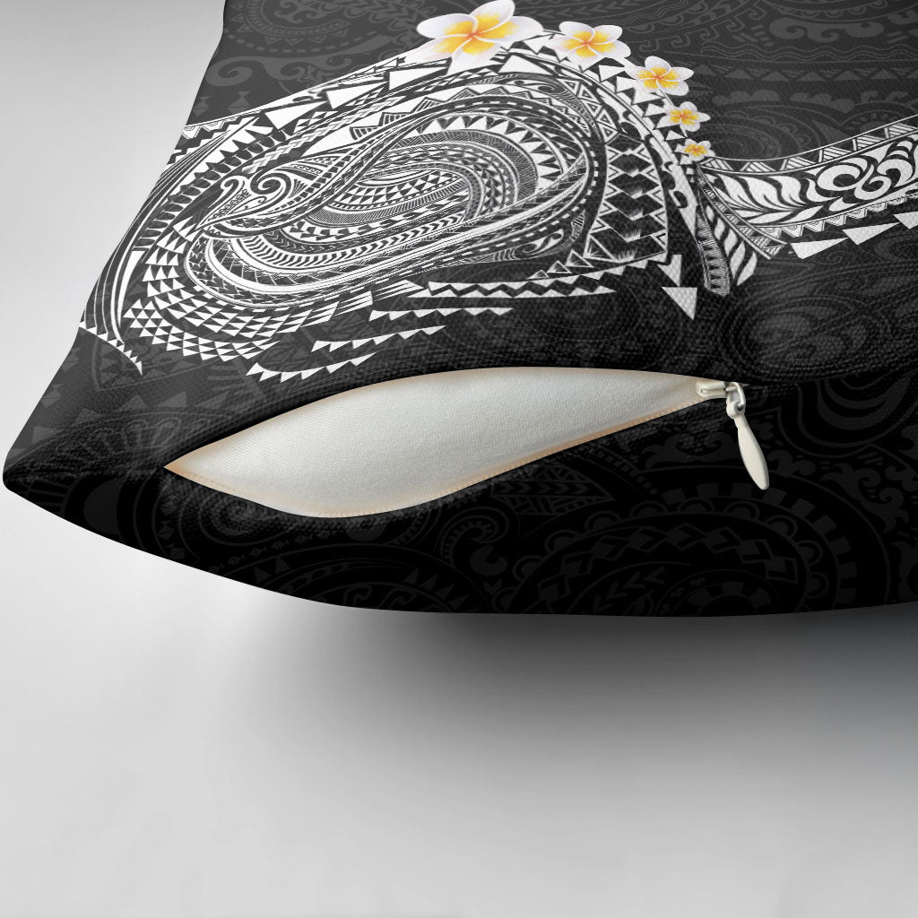 Hawaiian Tribal Tattoo and Plumeria Pillow Cover Polynesian Pattern Black Color