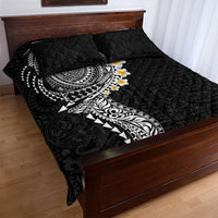 Hawaiian Tribal Tattoo and Plumeria Quilt Bed Set Polynesian Pattern Black Color