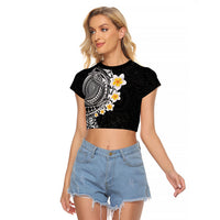Hawaiian Tribal Tattoo and Plumeria Raglan Cropped T Shirt Polynesian Pattern Black Color