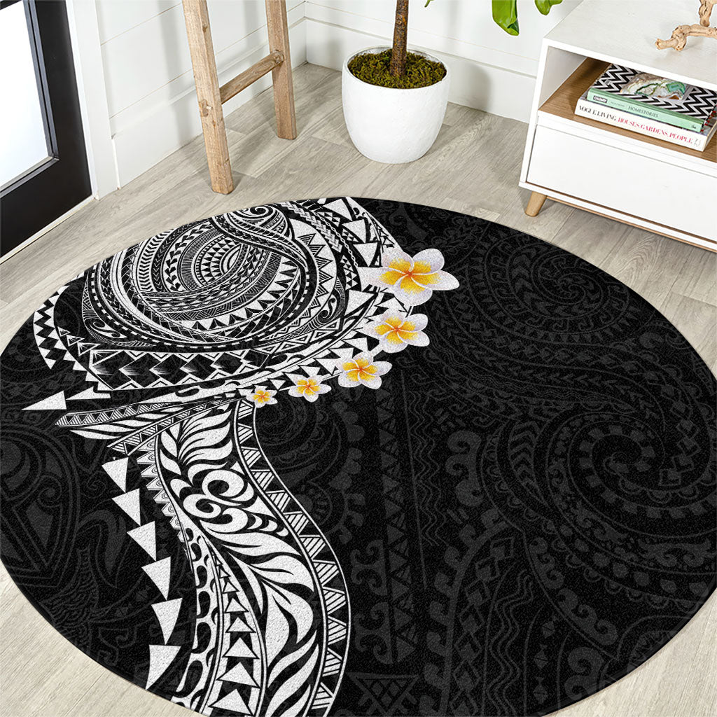 Hawaiian Tribal Tattoo and Plumeria Round Carpet Polynesian Pattern Black Color