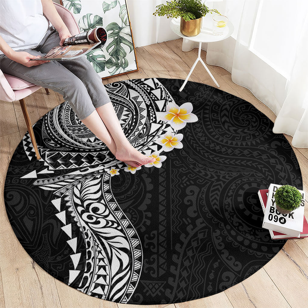 Hawaiian Tribal Tattoo and Plumeria Round Carpet Polynesian Pattern Black Color