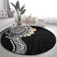 Hawaiian Tribal Tattoo and Plumeria Round Carpet Polynesian Pattern Black Color