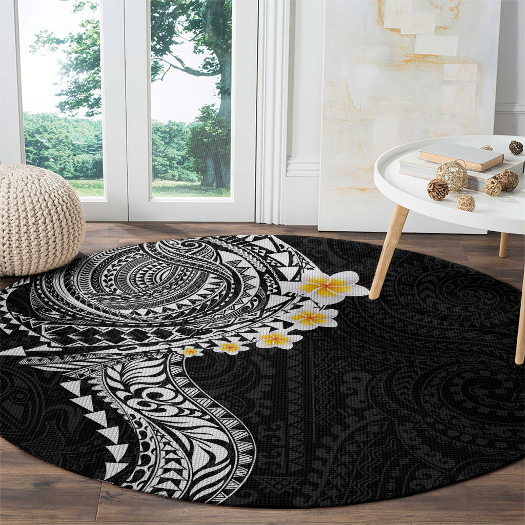 Hawaiian Tribal Tattoo and Plumeria Round Carpet Polynesian Pattern Black Color