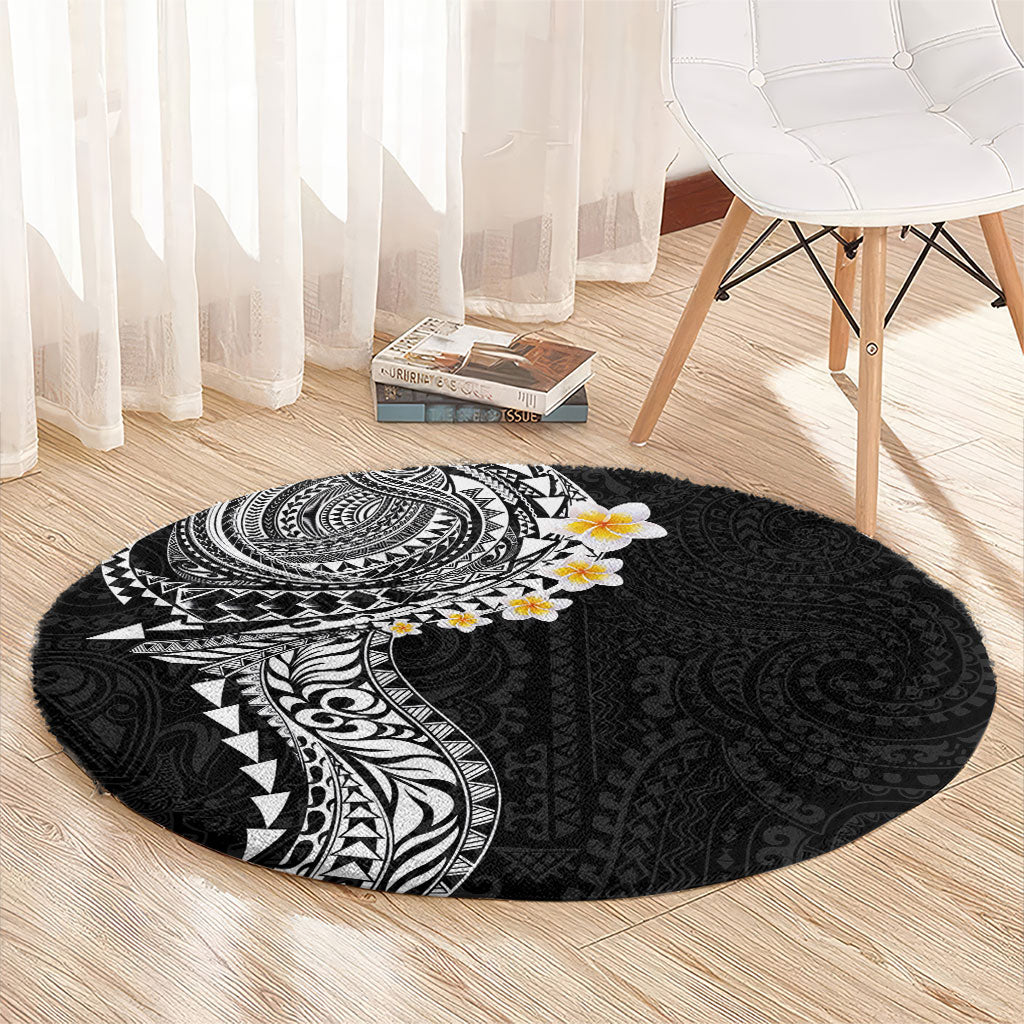 Hawaiian Tribal Tattoo and Plumeria Round Carpet Polynesian Pattern Black Color