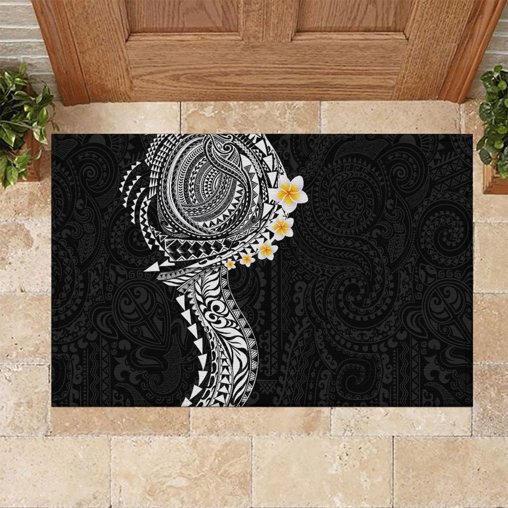 Hawaiian Tribal Tattoo and Plumeria Rubber Doormat Polynesian Pattern Black Color