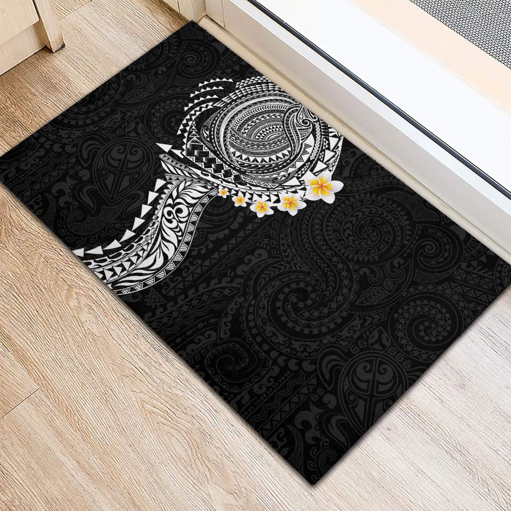 Hawaiian Tribal Tattoo and Plumeria Rubber Doormat Polynesian Pattern Black Color