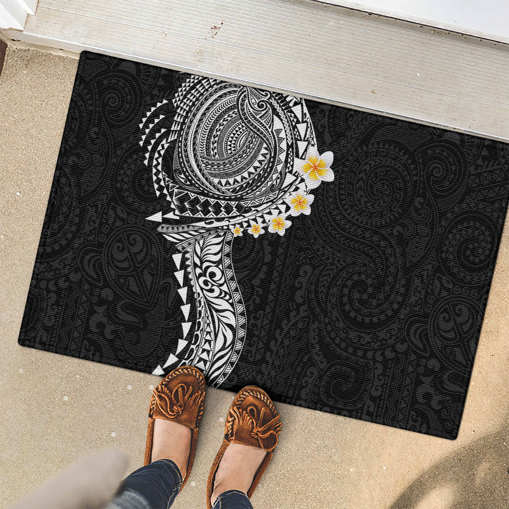 Hawaiian Tribal Tattoo and Plumeria Rubber Doormat Polynesian Pattern Black Color