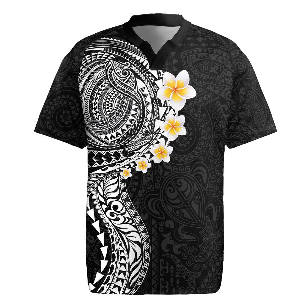 Hawaiian Tribal Tattoo and Plumeria Rugby Jersey Polynesian Pattern Black Color