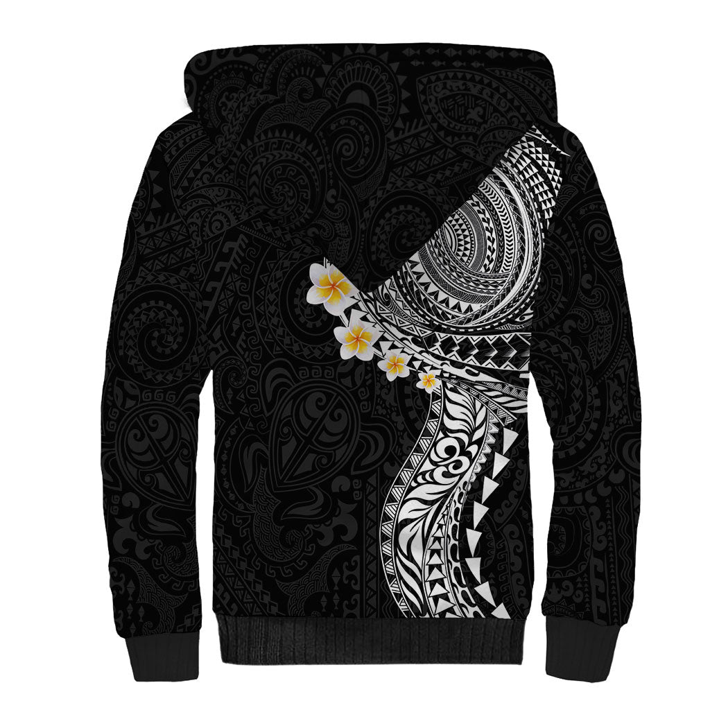 Hawaiian Tribal Tattoo and Plumeria Sherpa Hoodie Polynesian Pattern Black Color