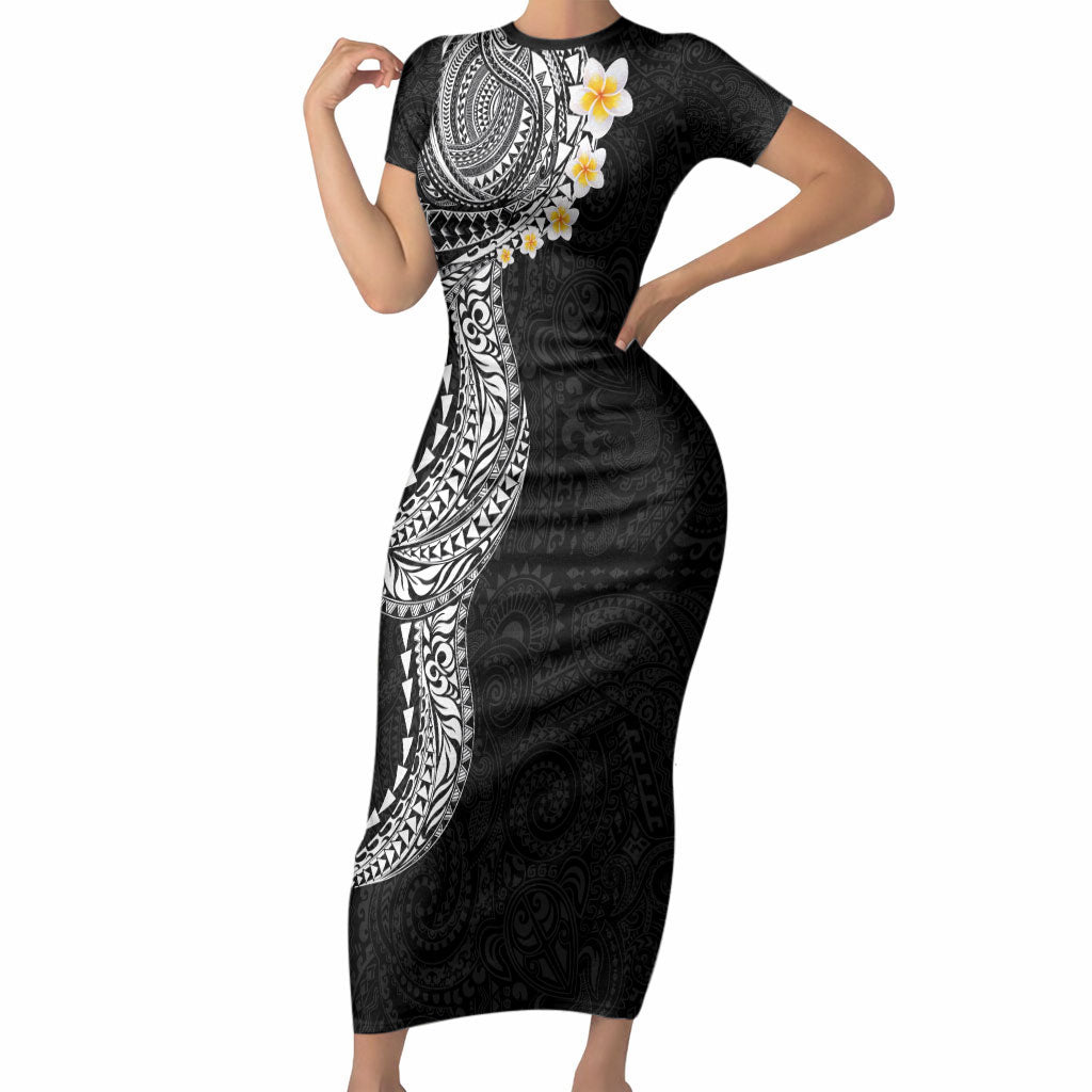 Hawaiian Tribal Tattoo and Plumeria Short Sleeve Bodycon Dress Polynesian Pattern Black Color