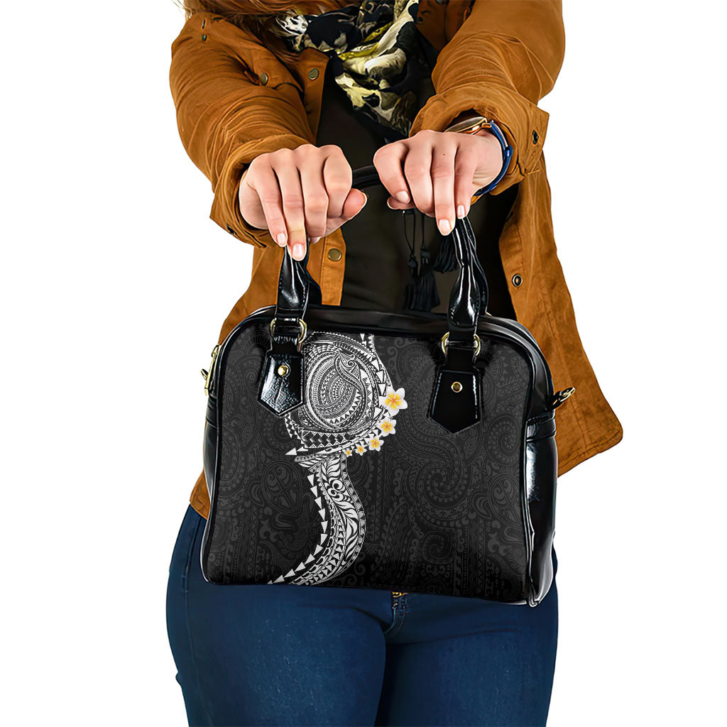 Hawaiian Tribal Tattoo and Plumeria Shoulder Handbag Polynesian Pattern Black Color
