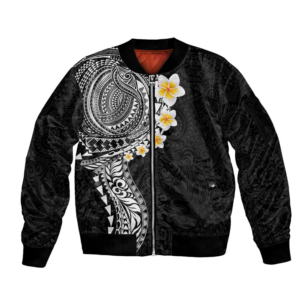 Hawaiian Tribal Tattoo and Plumeria Sleeve Zip Bomber Jacket Polynesian Pattern Black Color