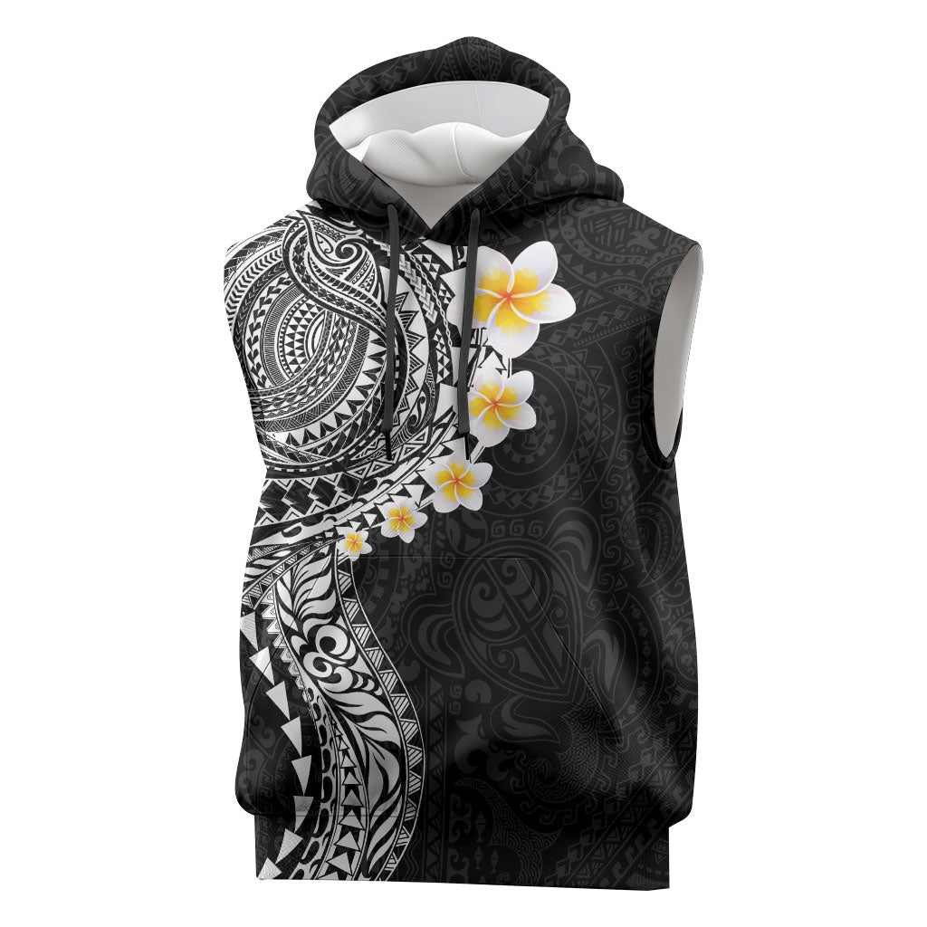 Hawaiian Tribal Tattoo and Plumeria Sleeveless Hoodie Polynesian Pattern Black Color