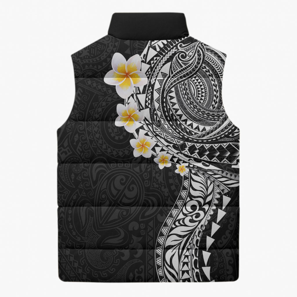 Hawaiian Tribal Tattoo and Plumeria Sleeveless Puffer Jacket Polynesian Pattern Black Color