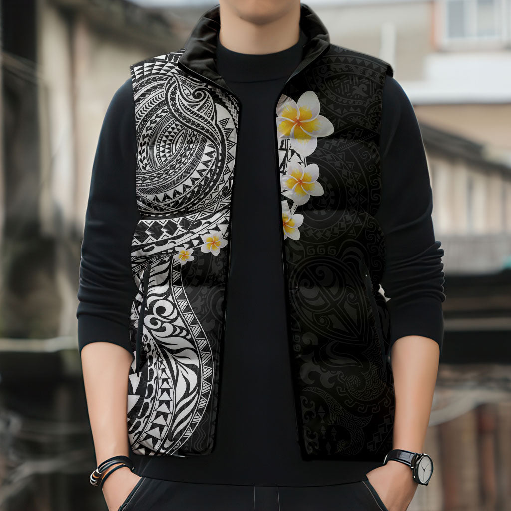 Hawaiian Tribal Tattoo and Plumeria Sleeveless Puffer Jacket Polynesian Pattern Black Color