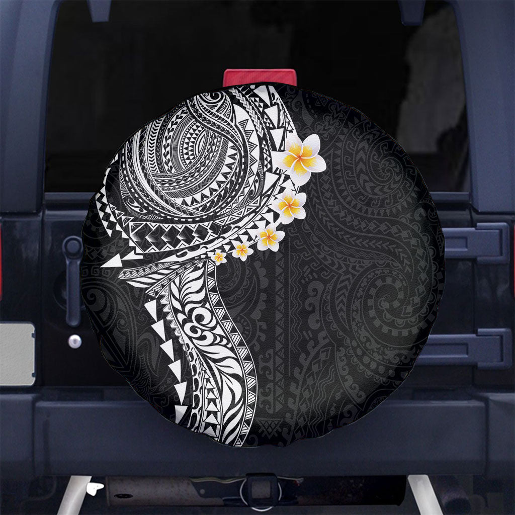 Hawaiian Tribal Tattoo and Plumeria Spare Tire Cover Polynesian Pattern Black Color