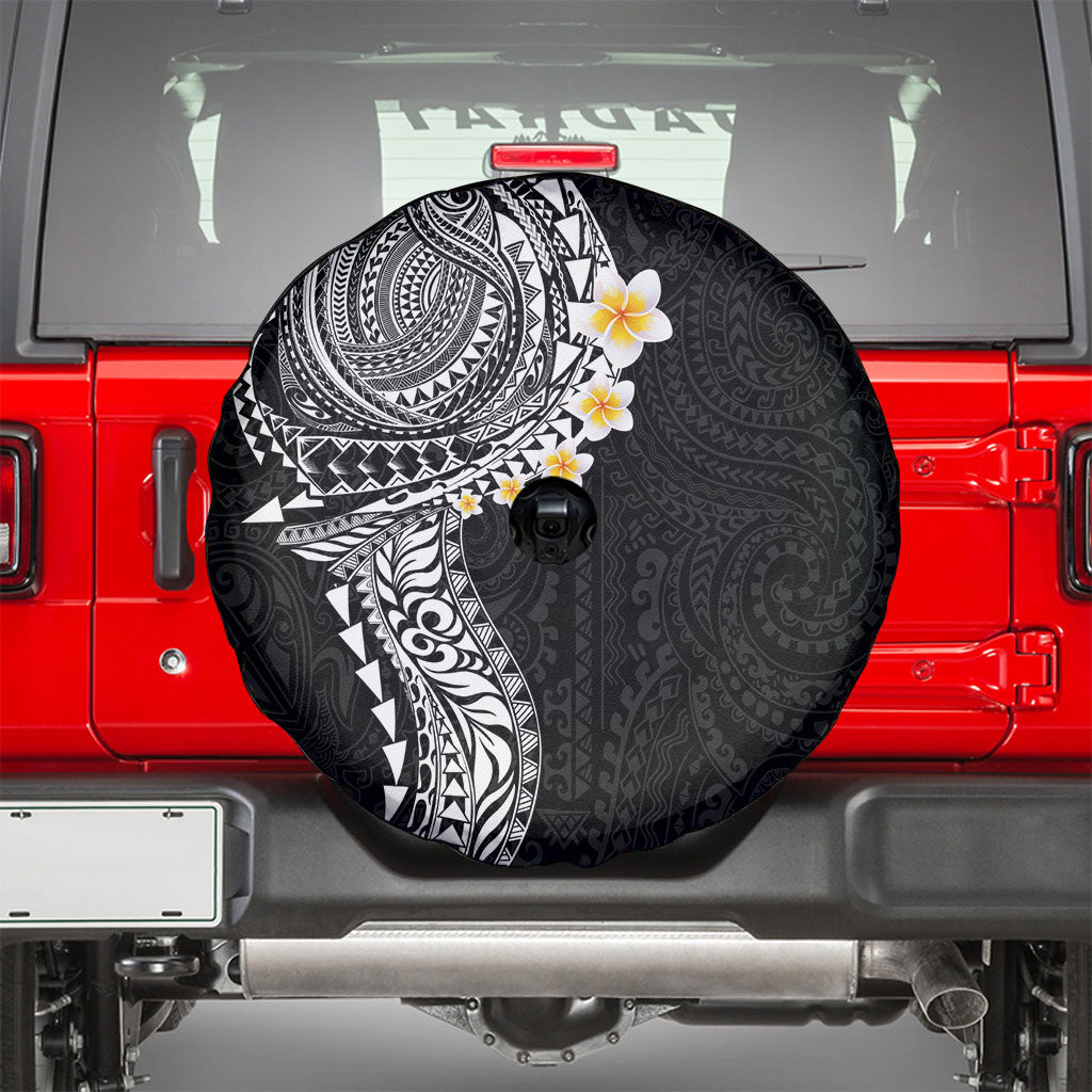 Hawaiian Tribal Tattoo and Plumeria Spare Tire Cover Polynesian Pattern Black Color