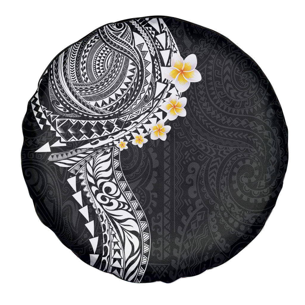 Hawaiian Tribal Tattoo and Plumeria Spare Tire Cover Polynesian Pattern Black Color