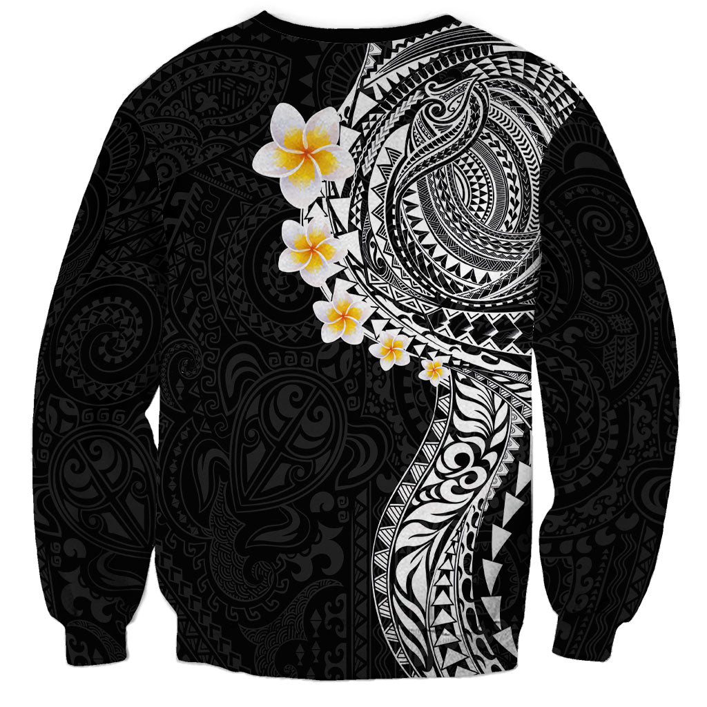 Hawaiian Tribal Tattoo and Plumeria Sweatshirt Polynesian Pattern Black Color