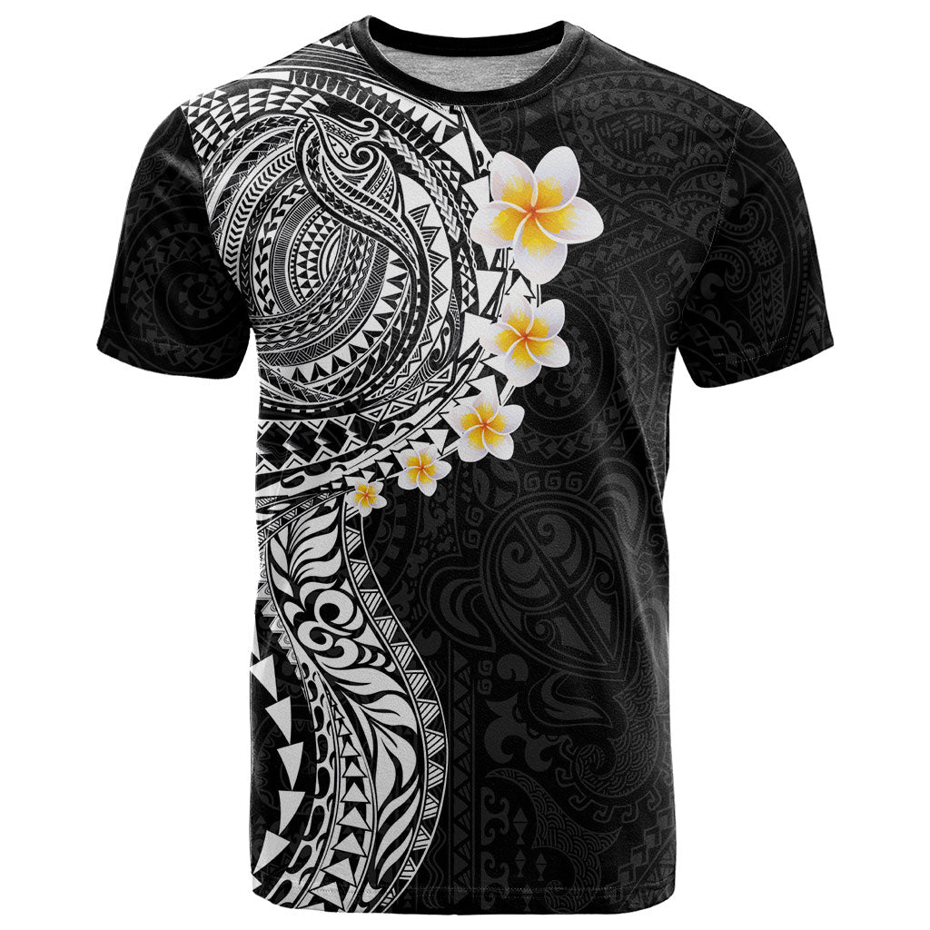 Hawaiian Tribal Tattoo and Plumeria T Shirt Polynesian Pattern Black Color