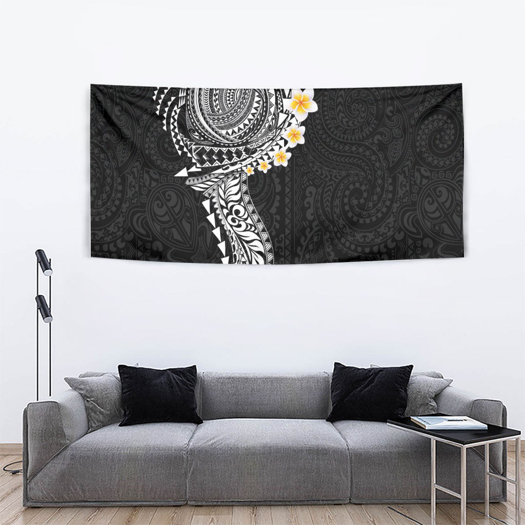 Hawaiian Tribal Tattoo and Plumeria Tapestry Polynesian Pattern Black Color