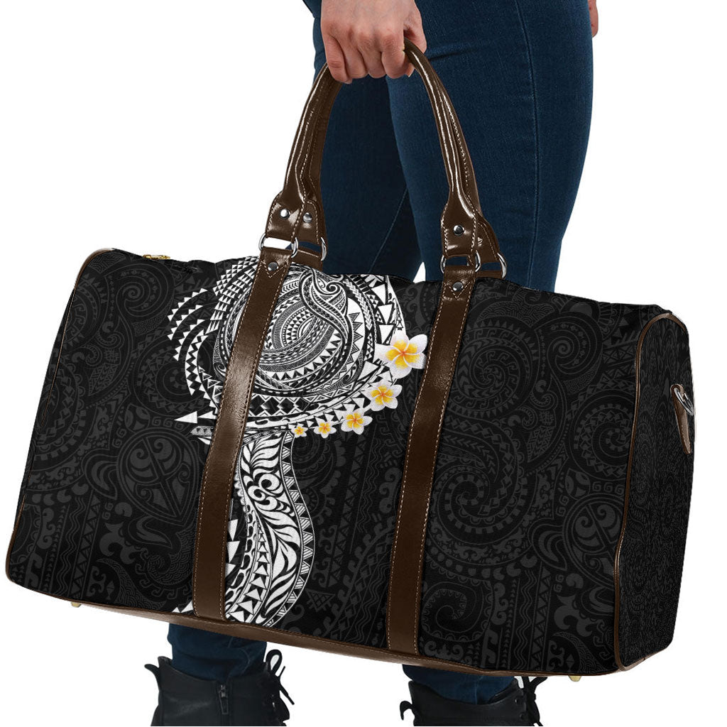 Hawaiian Tribal Tattoo and Plumeria Travel Bag Polynesian Pattern Black Color
