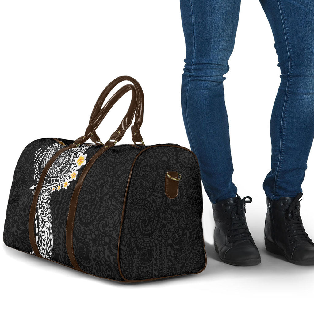 Hawaiian Tribal Tattoo and Plumeria Travel Bag Polynesian Pattern Black Color