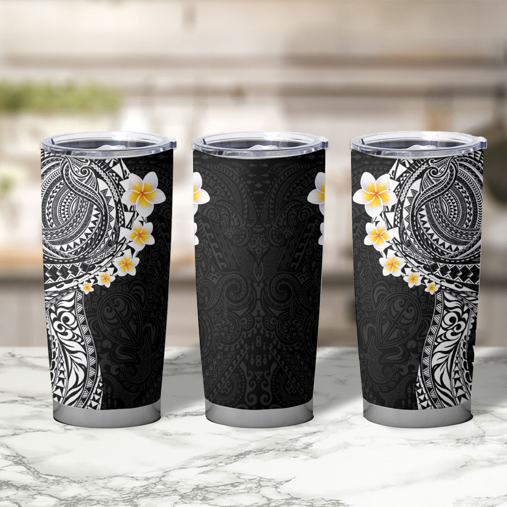 Hawaiian Tribal Tattoo and Plumeria Tumbler Cup Polynesian Pattern Black Color