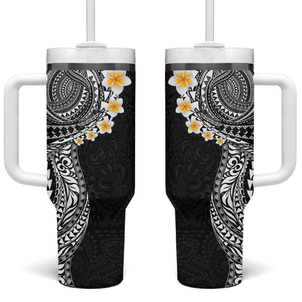 Hawaiian Tribal Tattoo and Plumeria Tumbler With Handle Polynesian Pattern Black Color