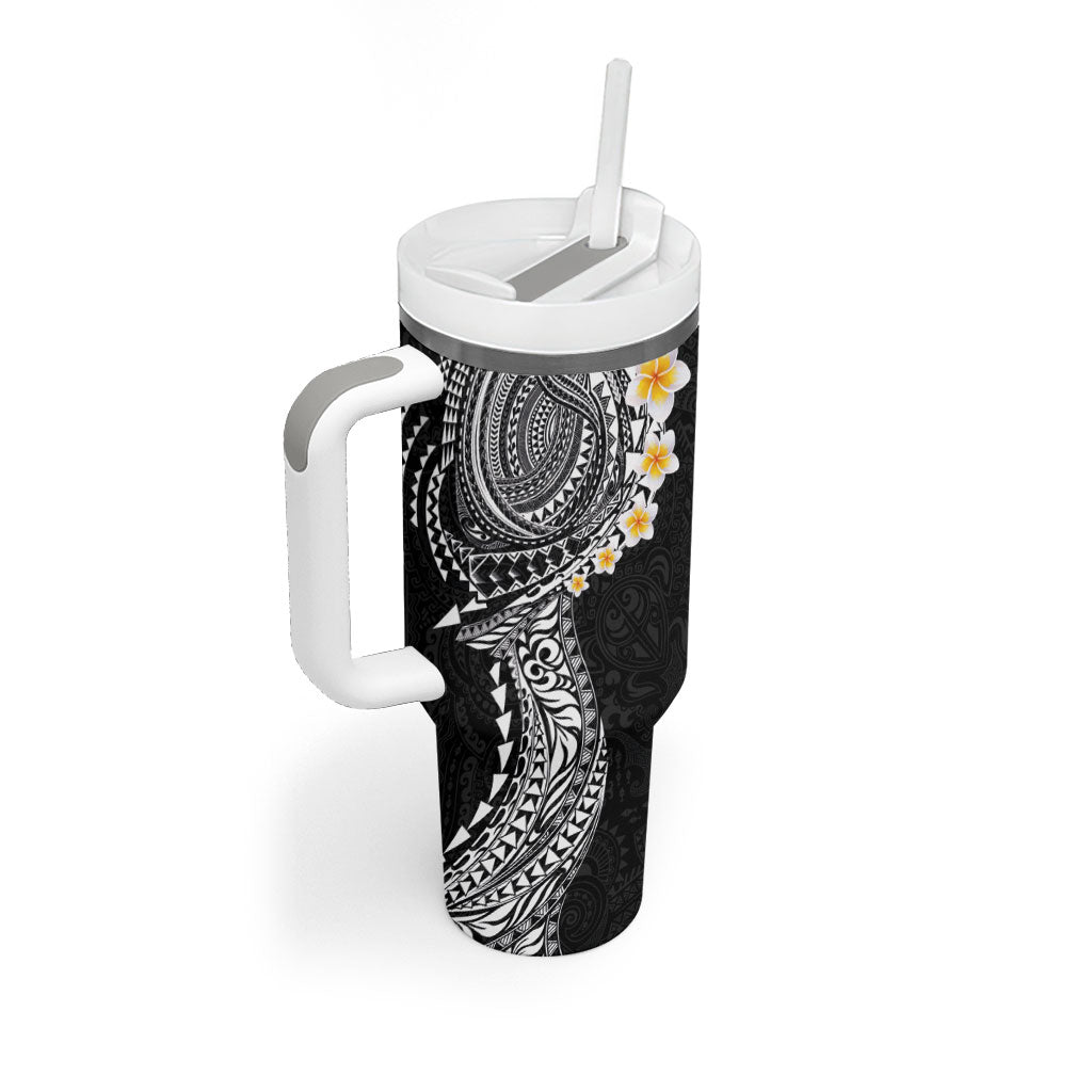Hawaiian Tribal Tattoo and Plumeria Tumbler With Handle Polynesian Pattern Black Color