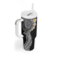 Hawaiian Tribal Tattoo and Plumeria Tumbler With Handle Polynesian Pattern Black Color