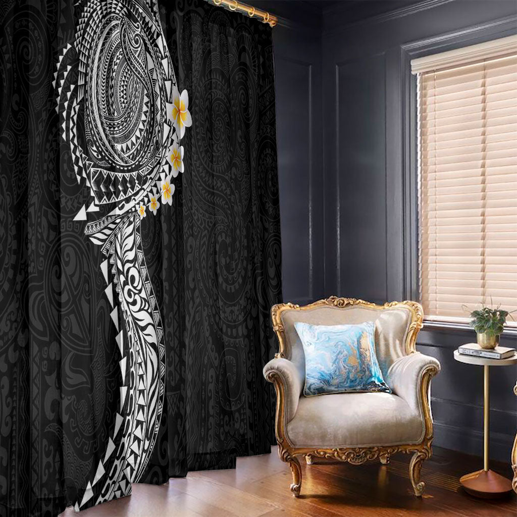 Hawaiian Tribal Tattoo and Plumeria Window Curtain Polynesian Pattern Black Color