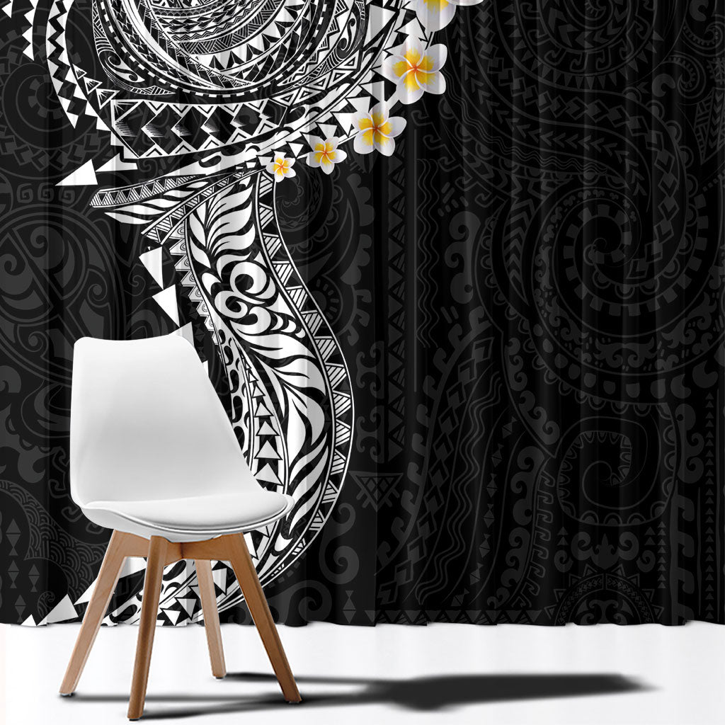 Hawaiian Tribal Tattoo and Plumeria Window Curtain Polynesian Pattern Black Color