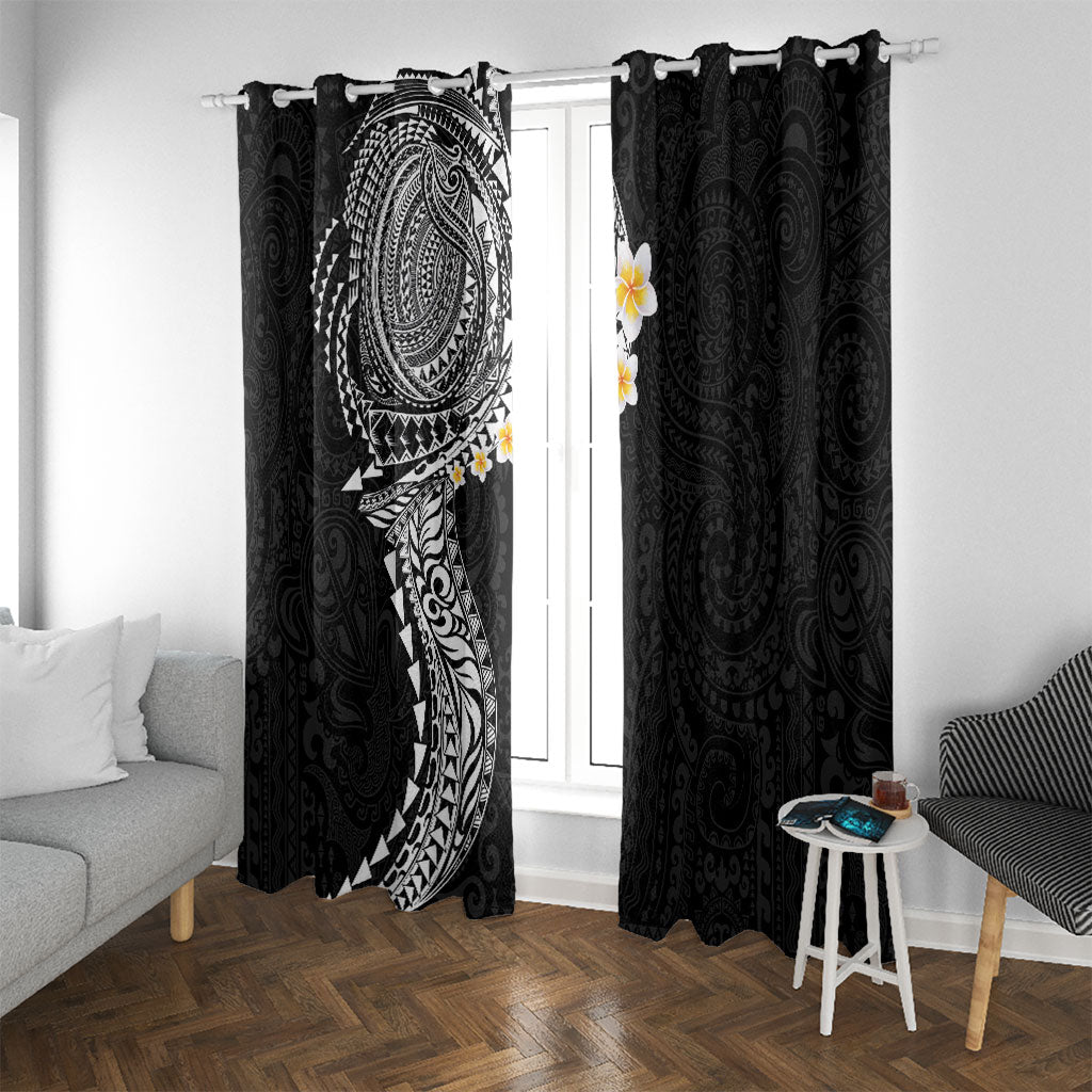 Hawaiian Tribal Tattoo and Plumeria Window Curtain Polynesian Pattern Black Color