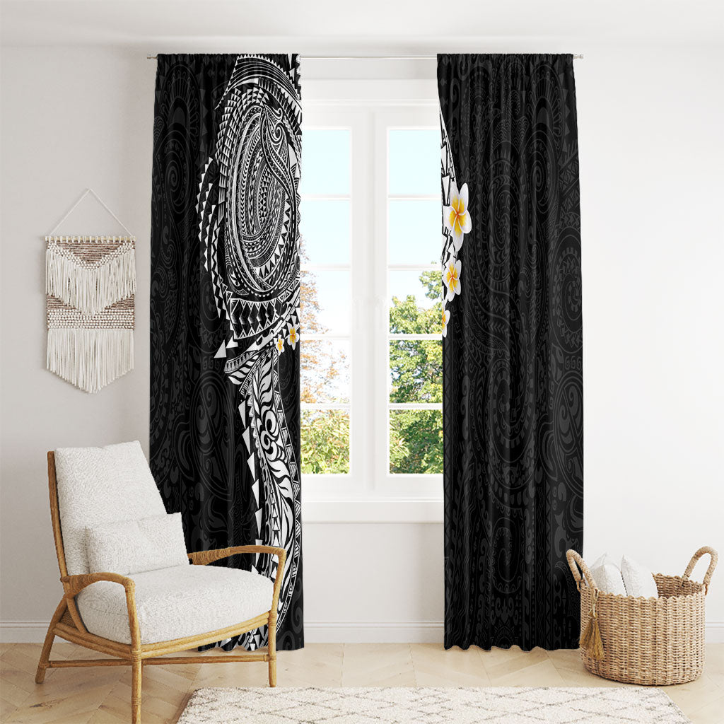 Hawaiian Tribal Tattoo and Plumeria Window Curtain Polynesian Pattern Black Color