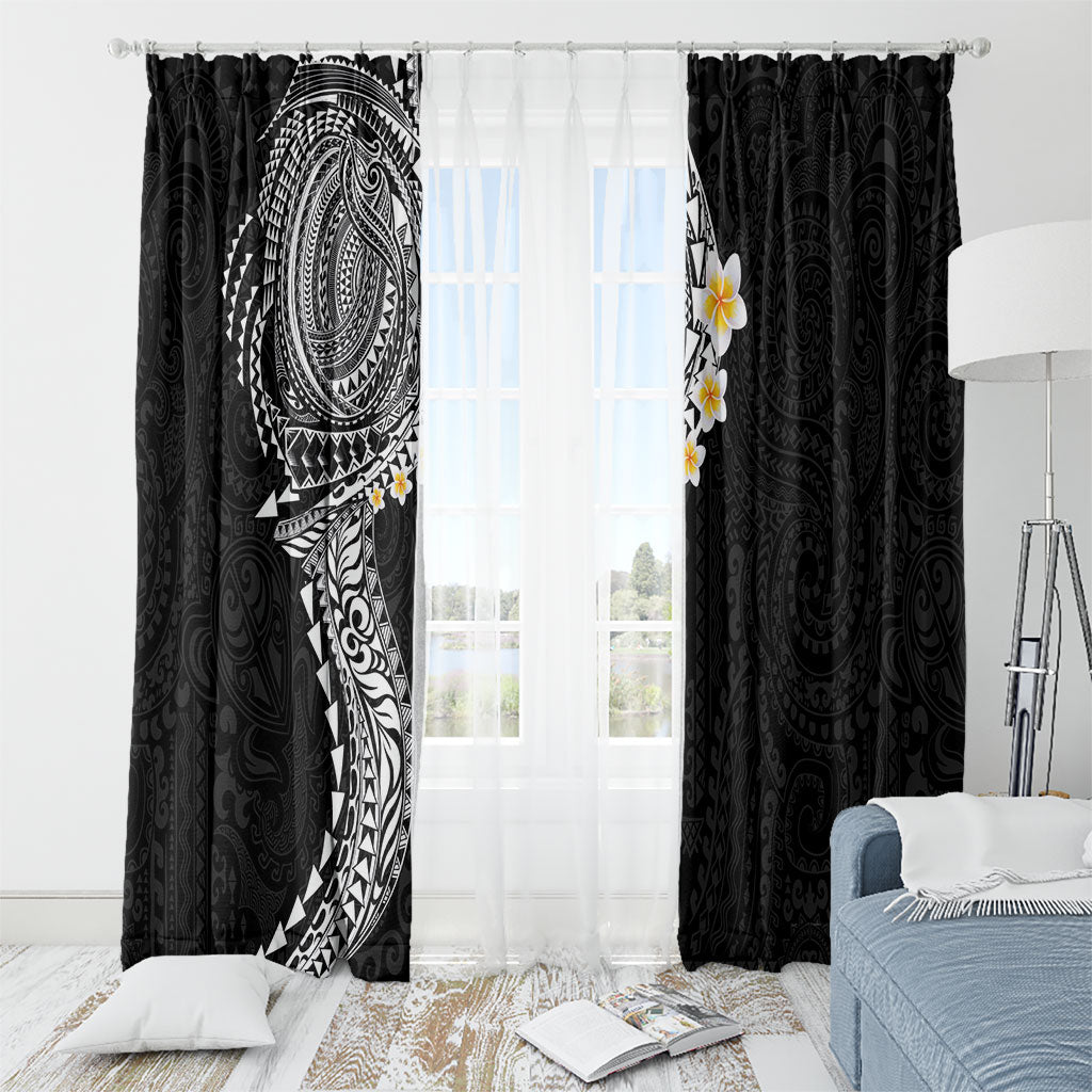 Hawaiian Tribal Tattoo and Plumeria Window Curtain Polynesian Pattern Black Color