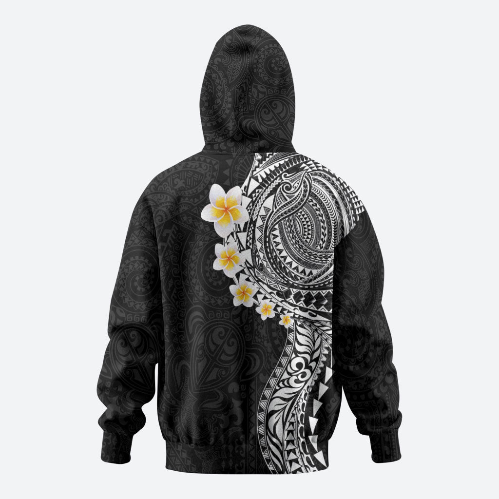 Hawaiian Tribal Tattoo and Plumeria Zip Hoodie Polynesian Pattern Black Color