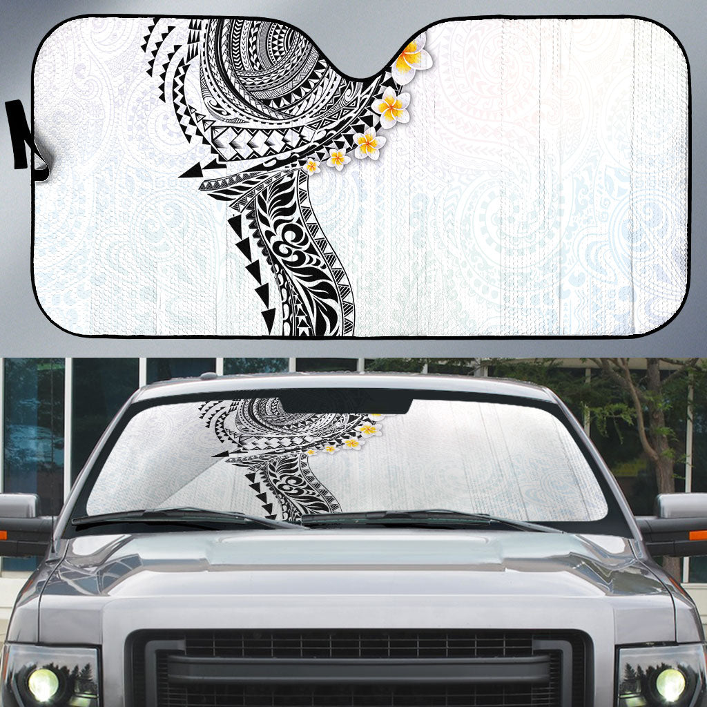 Hawaiian Tribal Tattoo and Plumeria Auto Sun Shade Polynesian Pattern White Color LT03 White - Polynesian Pride