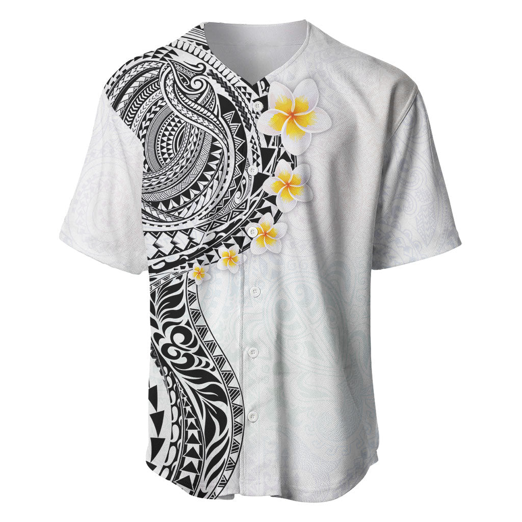 Hawaiian Tribal Tattoo and Plumeria Baseball Jersey Polynesian Pattern White Color