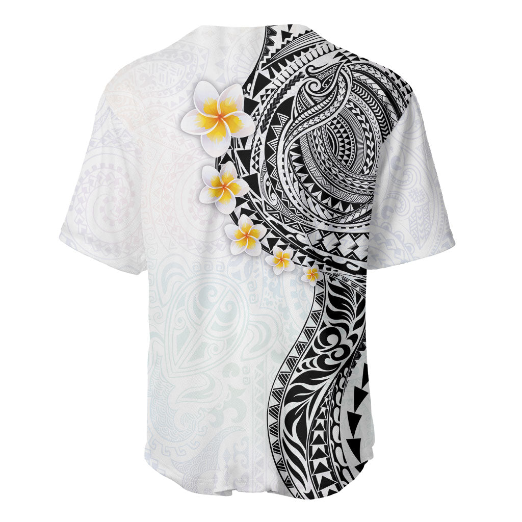 Hawaiian Tribal Tattoo and Plumeria Baseball Jersey Polynesian Pattern White Color
