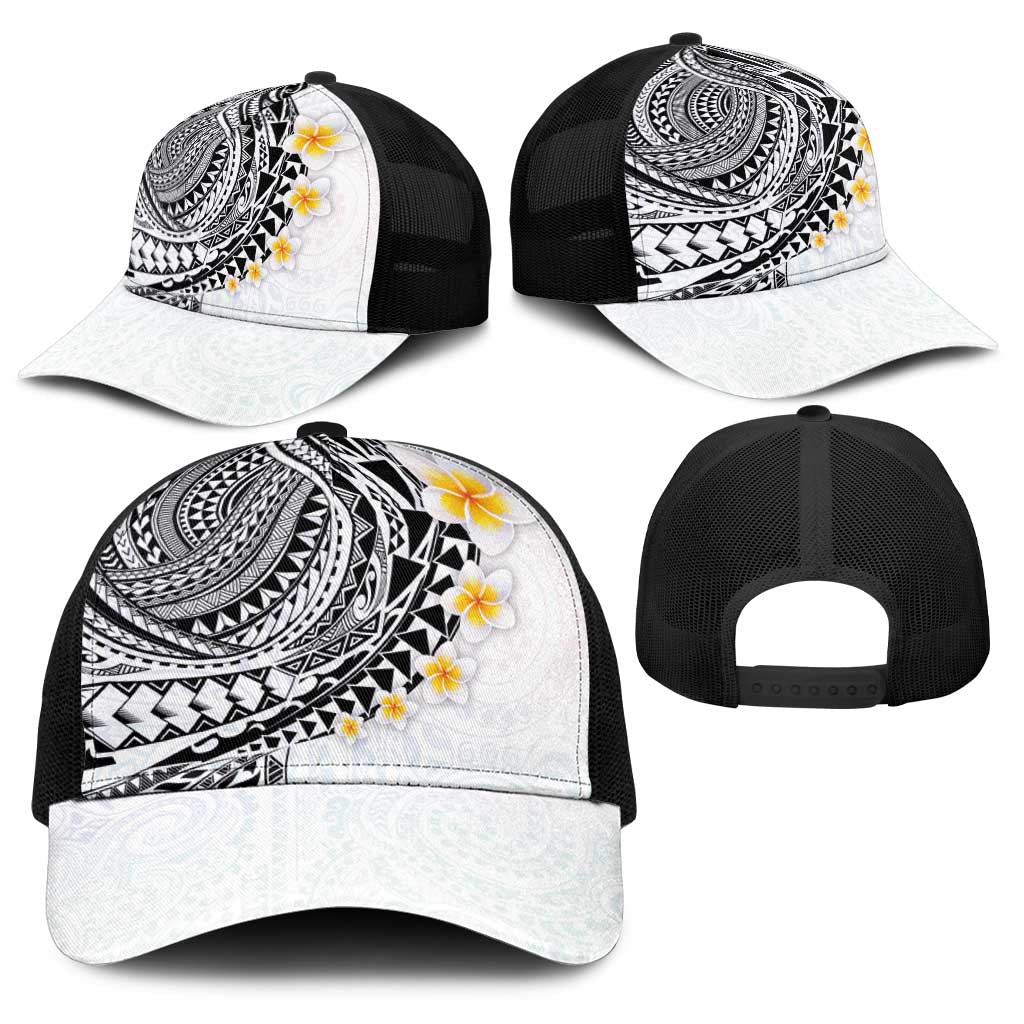 Hawaiian Tribal Tattoo and Plumeria Baseball Net Cap Polynesian Pattern White Color